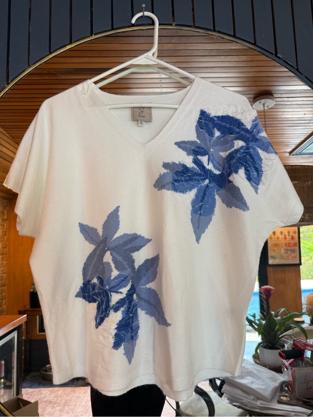Ivory V-Neck Top with Blue Floral Leaves